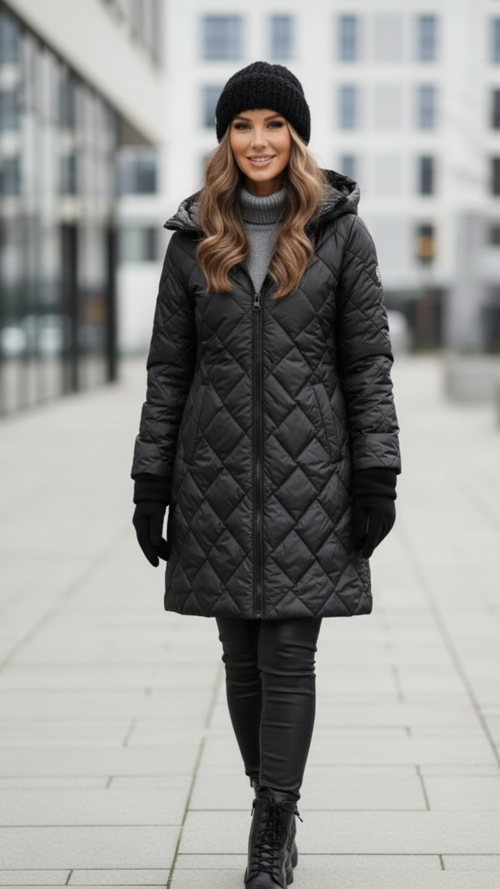 Barbara - Elegancka pikowana kurtka puchowa z kapturem