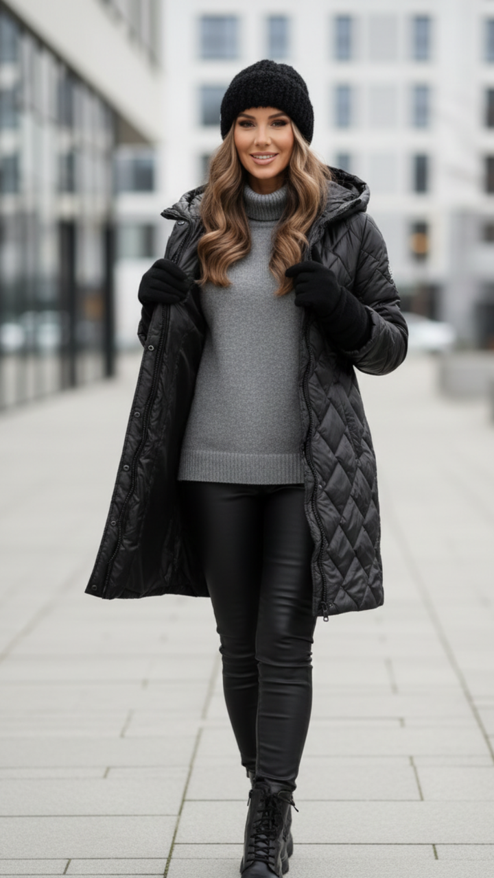 Barbara - Elegancka pikowana kurtka puchowa z kapturem