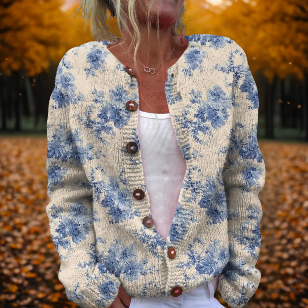 Małgorzata - Vintage Dzianinowy Kardigan z Kwiatowym Wzorem