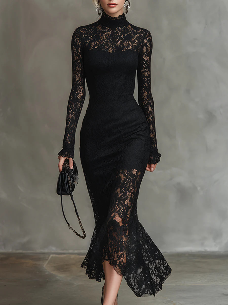 Elwira - Elegancka czarna sukienka maxi z koronką