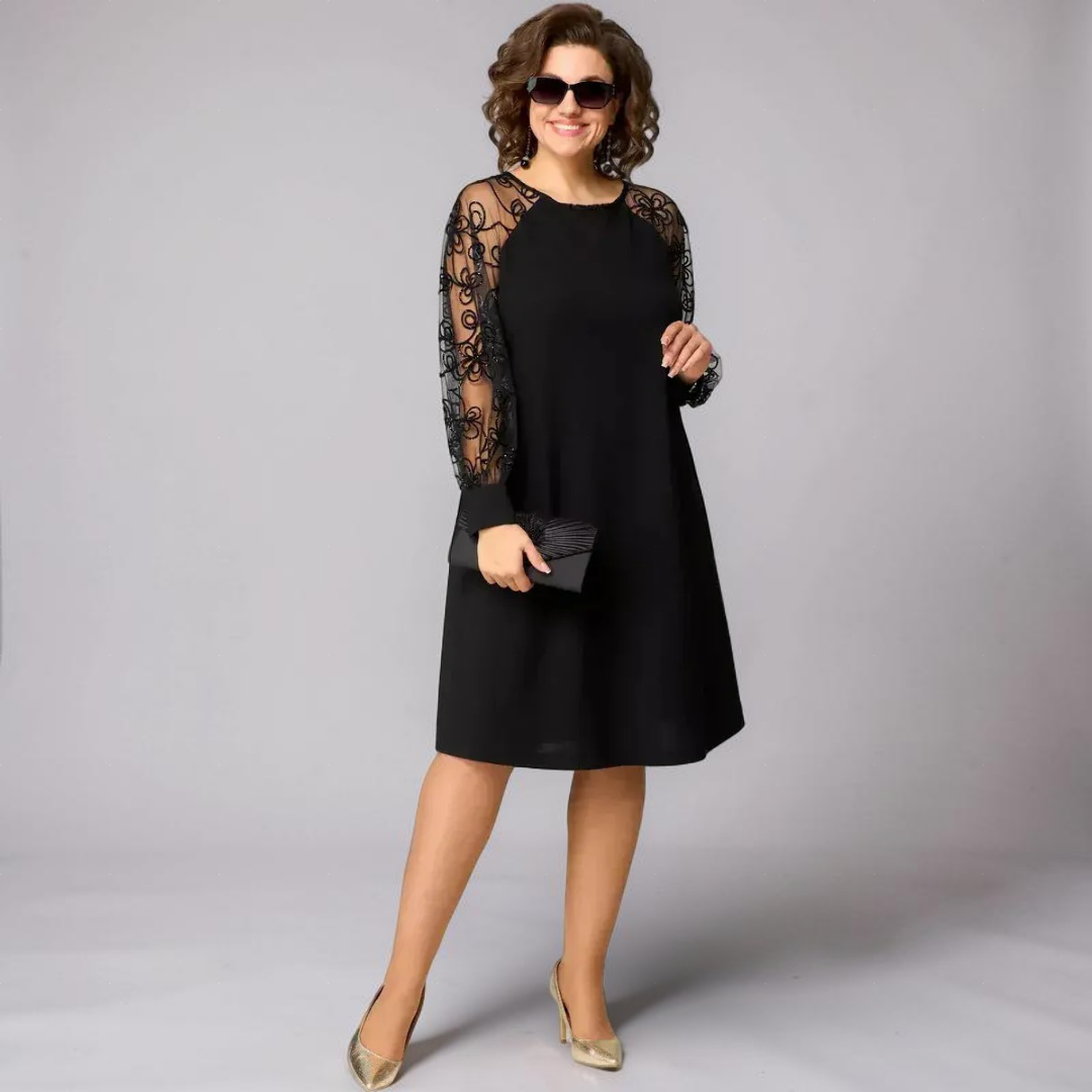 Smętek - Elegancka czarna sukienka z koronkowymi rękawami